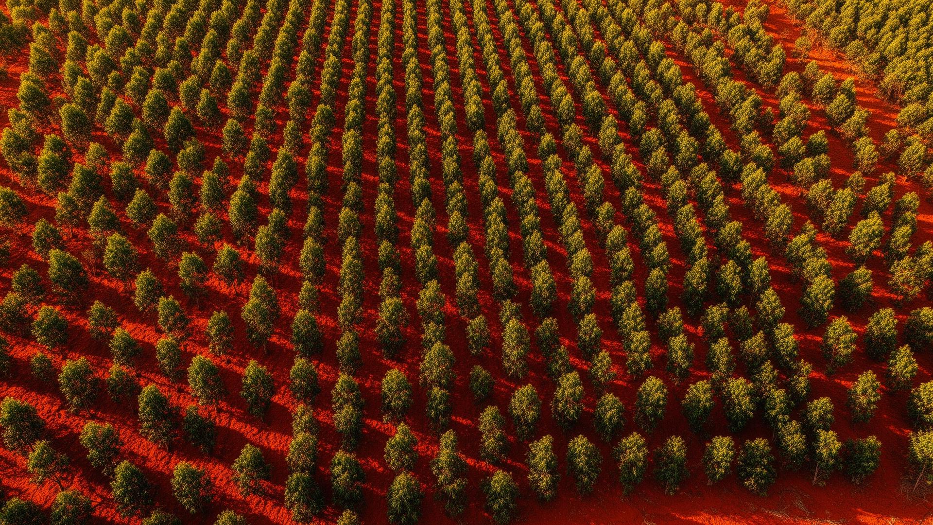 Plantio jovem de eucalipto visto de drone