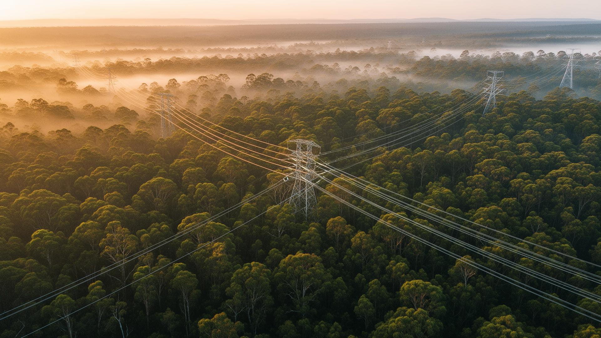 Floresta de eucalipto com linhas de transmissão